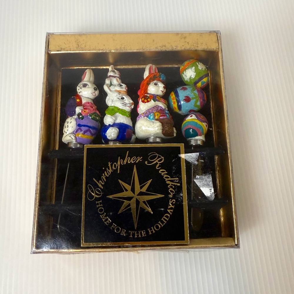 Christopher Radko Set of PATE KNIVES EASTER BUNNY ON EGGS IN BOX Vintage